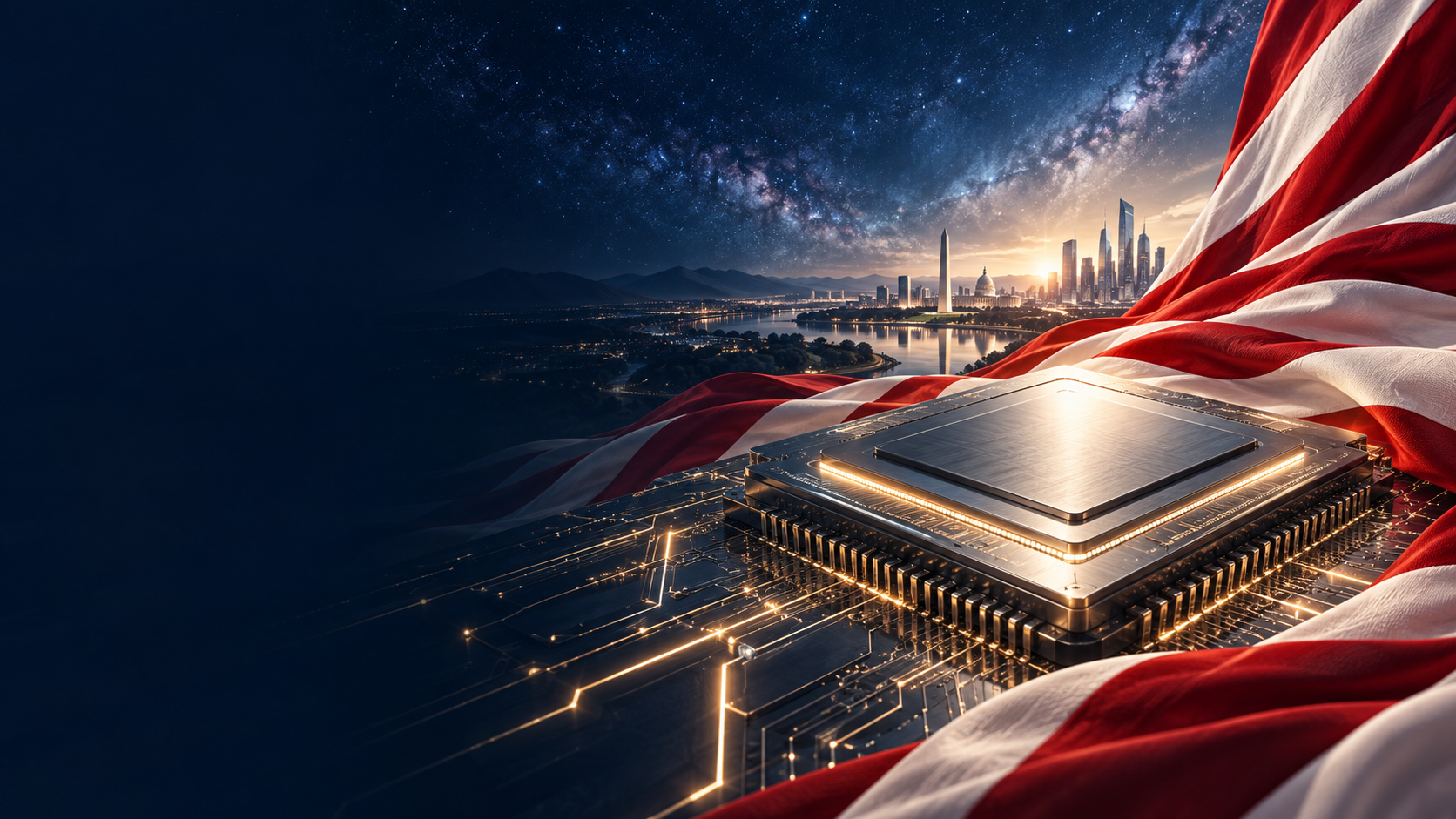 American flag and advanced processor overlooking an imagined future city beneath the stars